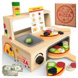 WOODMAM Wooden Pizza Toy - 48 PCS Montessori Pretend Play Food for Ages 3+, Educational Learning Toy Wooden Playset with Bake Oven, Christmas Birthday Gift for 3 4 5 6 Year Old - Retail: $36