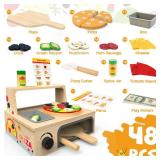 WOODMAM Wooden Pizza Toy - 48 PCS Montessori Pretend Play Food for Ages 3+, Educational Learning Toy Wooden Playset with Bake Oven, Christmas Birthday Gift for 3 4 5 6 Year Old - Retail: $36