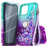 NGB Designed for iPhone 16 Case, Aqua/Purple | Glitter Liquid Sparkle Cute Cover for Women Girls Kids | with Tempered Glass Screen Protector & Ring Holder & Wrist Strap - Retail: $13