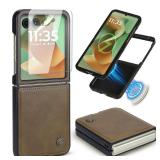 ASAPDOS Leather Folio Magnetic Case for Motorola Razr 2025/2024+ Plus[Compatible with MagSafe],Built-in Screen Protector and PU Leather Thin Slim Protective Case Cover for Man and Women Light Brown - 