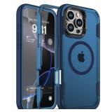 WRJ for iPhone 16 Pro Max Case, 2-Layer Durable Bumper [Compatible with MagSafe][Built-in Camera Stash Stand] Military Grade Drop Protection Shockproof Phone Case-Blue - Retail: $21