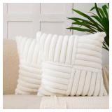 All Smiles Couch Decorative Throw Pillow Covers 26X26 Set of 2 Faux Fur Plush Soft Fluffy Velvet Cushion Case Cozy Fuzzy Striped Pillowcase Home Decor for Sofa Living Room Bedroom,Cream White - Retail
