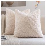 Neelvin Set of 2 Faux Fur Throw Pillow Covers 16x16 Inch Beige Cozy Soft Solid Decorative Pillowcases Thick Plush Sheepskin Cushion Case for Chair and Couch Sofa Bedroom - Retail: $22