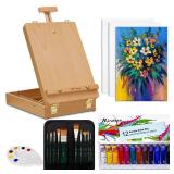 Deluxe Art Supplies 27 Pieces Art Set with Tabletop Easel, 12 Colors Acrylic Paint, 10 Paint Brushes, 3 Canvas Panels, Palettes - Retail: $44