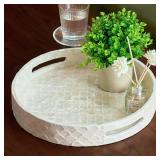 CHI AN HOME 12.6 Inch Capiz Round Decorative Tray, Decorative Serving Tray with Handles for Coffee Table, Kitchen Counter, Bathroom Vanity or Dining Table Centerpiece Tray, Modern Farmhouse Decor - Re