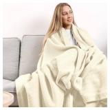 Carressa Linen Pure Cotton, Luxury Twin Size Soft Ivory Blanket Herringbone Pattern, Lightweight, Soft & Cozy Premium Fall Bed Throw Blanket for All Seasons, 350GSM & 68X92 with Free Cotton Pouch - Re