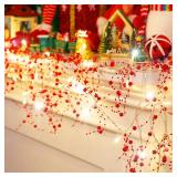 Riakrum 16.5 ft Christmas Berry Beaded Garland String Light Christmas Mantle Decor Pre-lit Warm LED Lights Lighted Battery Operated Winter Garland for Xmas Tree Staircase Home Indoor Decor(Red) - Reta
