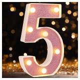 LED Marquee Numbers, Small Light Up Numbers for Party, 8.58 Inch Battery Powered Lighted Number for Birthday, Night Light, Table or Home Decor (Pink Glitter, Number 5) - Retail: $13