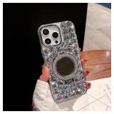 iFiLOVE for iPhone 16 Pro Max Case with Magnetic Mirror Stand, Compatible with MagSafe Luxury Bling Diamond Crystal Rhinestone Phone Case Cover for Girls Women (Clear) - Retail: $15