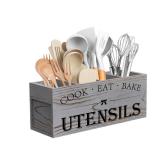 Suli Extra Large Kitchen Utensils Holder with 4 Compartments, Wooden Utensil Organizer for Kitchen Countertop, Farmhouse Decor, Rustic Cooking Utensil - Grey grain - Retail: $43
