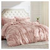 Bedsure Boho Duvet Cover King Size - Rose Pink Tufted Boho Bedding, Farmhouse Shabby Chic Embroidery Bedding for All Seasons, 3 Pieces, 1 Soft Jacquard King Comforter Cover and 2 Pillow Shams - Retail