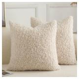 Joyouth Pack of 2 Curly Teddy Wool Faux Fur Throw Pillow Covers Fuzzy Accent Soft Sherpa Pillowcases Sheepskin Fleece Decorative Cushion Case for Sofa Couch Living Room 20x20 Inch Neutral Light Beige 