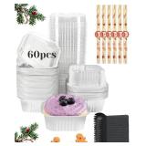 YQER 60 Pack 10oz Mini Cake Pans with Lids, Spoons, Stickers - Disposable Square Brownie Baking Cups - Individual Small Aluminum Foil Loaf Tins for Muffin, Ramekins, Cupcake - Catering, Gift, Sliver -