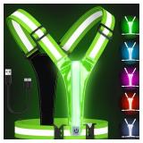 Zacro LED Reflective Vest Running Gear, 5 Lights Colors High Visibility Reflective Running Gear Rechargeable Light Up Running Vest for Walking Running Cycling, Adjustable for Men Women Kids (Green) - 