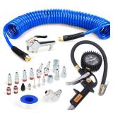 FYPower 22 Pieces Air Compressor Accessories kit, 1/4 inch x 25 ft Recoil Poly Air Compressor Hose Kit, 1/4" NPT Quick Connect Air Fittings, Tire Inflator Gauge, Blow Gun, Swivel Plugs - Retail: $35