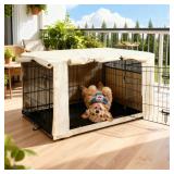 HiCaptain Dog Crate Cover 42.0" L x 28.0" W x 30.0" H with Breathable Mesh, Durable Heavy Duty Kennel Cover, Dual Zippered Panels, Windproof Waterproof UV-Resistant(Beige) - Retail: $33