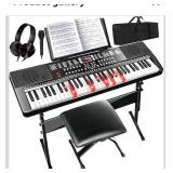 AQNIEGEP 61 Key Electric Keyboard Piano for Beginners w/Light-Up Keys, Christmas Gifts, Full Set: Stand, Bench, Headphones, Padded Bag, Note Stickers, 70 Demos, 200 Rhythms/Tones, LED Display