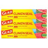 Glad Cling N Seal Plastic Wrap for Food, Airtight Seal, 300 Square Foot Roll (Pack of 3)