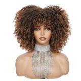 Charming cascade Afro Curly Wig with Bangs, 11 Inch Voluminous Natural Curly Synthetic Fiber Glueless Curly Bob Wigs for Black Women Fluffy Ready to Go Ombre Brown