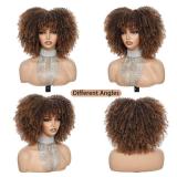 Charming cascade Afro Curly Wig with Bangs, 11 Inch Voluminous Natural Curly Synthetic Fiber Glueless Curly Bob Wigs for Black Women Fluffy Ready to Go Ombre Brown