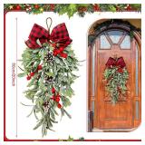 Knitgrip 20 Inch Large Christmas Mistletoe Teardrop Swags Decor Christmas Holiday Kissing Mistletoe Artificial Hanging Bouquet Xmas Ornament with Sprigs Red Berries for Xmas Holiday Decor