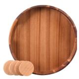Large Round Wood Serving Tray, Wooden Trays with Handles for Ottoman Table, Vintage Acacia Tray Circle Wood Tray for Indoor Outdoor Organization and Decoration, Including 4 Round Wooden Coasters