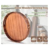 Large Round Wood Serving Tray, Wooden Trays with Handles for Ottoman Table, Vintage Acacia Tray Circle Wood Tray for Indoor Outdoor Organization and Decoration, Including 4 Round Wooden Coasters