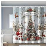 CALMDR Merry Christmas Shower Curtain Set,Santa Claus Elk Snowflake Xmas Tree Winter Snowy Scenery Washable Durable Fabric,72X72inches Includes 12 Hooks