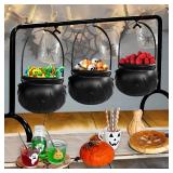 Zddaoole Halloween Cauldrons Serving Bowl Decor,Set of 3 Hanging Black Plastic Cauldron Bowls on Rack,Candy Punch Bowl Halloween Witches Cauldron for Home Kitchen Hocus Pocus Party Decorations Indoor