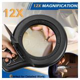 12X Magnifying Glass with Light and Stand, Magnifier with Light Hands Free, Lighted LED Magnifying Lamp Stepless Dimming Magnifying Desk Lamp Dust Cover Design for Crafts Repair Art Close Work