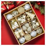 Alupssuc 82pcs Christmas Balls Ornaments Set, Delightful Classic Gift Set, Shatterproof Plastic Decor for Xmas Tree Holiday Wedding Party Decorations with Hanging Strings, Gold and White