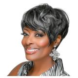 MOONSHOW Short Grey Wigs for Black Women Grey Pixie Cut Wig Synthetic Short Side Part Pixie HairCut Wigs with Bangs for Old Women Gray Straight Pixie Wig