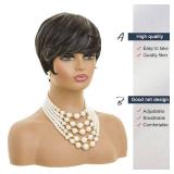 MOONSHOW Short Grey Wigs for Black Women Grey Pixie Cut Wig Synthetic Short Side Part Pixie HairCut Wigs with Bangs for Old Women Gray Straight Pixie Wig