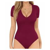 MANGOPOP V Neck Bodysuits for Women Short Sleeve Body Suits Basic Top Casual Shirt, Burgundy, Medium