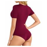 MANGOPOP V Neck Bodysuits for Women Short Sleeve Body Suits Basic Top Casual Shirt, Burgundy, Medium