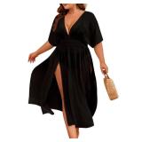 SWOMOG Women Plus Size Swimsuit Cover Up Bikini Bathing Suit Sexy Deep V Neck Swim Beach Dresses Summer Beachwear