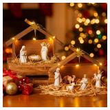 Pinkunn 2 Sets Christmas Nativity Manger 10.6 Inch Nativity Stable with LED Light Roof Star Wooden Manger Scene Creche for Christmas Christian Religious Gifts Xmas Stable Home Desk Decor
