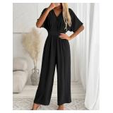 LOOKBOHO Womens Jumpsuits Dressy Elegant Batwing Sleeve V Neck One Piece Wide Leg Sexy Long Pants Romper Black L