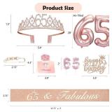 65th Birthday Gifts Decorations for Women, Including 65 year old Birthday Cake Topper,Queen Sash with Pearl Pin, Sweet Rhinestone Tiara Crown, Number Candles and Balloons Set, Rose Gold