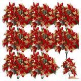 Hotop 8 Bundles Christmas Glitter Poinsettia Artificial Bushes 12.6 Inch Poinsettia Flowers Bushes Christmas Decorations Ornaments for Indoor Outdoor (Red and Gold)
