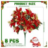 Hotop 8 Bundles Christmas Glitter Poinsettia Artificial Bushes 12.6 Inch Poinsettia Flowers Bushes Christmas Decorations Ornaments for Indoor Outdoor (Red and Gold)