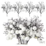 Geosar 24 Pieces Christmas Glitter Berries Stems 10 Inch Christmas Berry Picks Artificial Glittered Berries Ornaments Floral Stems for Xmas Tree,Home Wreath,Party Decoration(White)