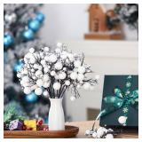 Geosar 24 Pieces Christmas Glitter Berries Stems 10 Inch Christmas Berry Picks Artificial Glittered Berries Ornaments Floral Stems for Xmas Tree,Home Wreath,Party Decoration(White)