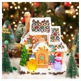 LED Lighted Musical Gingerbread House, 7.3\" Christmas Village House Decoration with Light-up Gingerbread Cookie and Snowman, Christmas Collectible Buildings for Holiday Decor for Home and Desktop