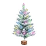 2FT Artificial Christmas Tree with Lights Green Tabletop Christmas Tree with Wooden Stand Lighted Battery Operated Snow Flocked Mini Xmas Pine Tree for Indoor Outdoor Holiday Home Decoration