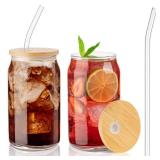 umsa kitchen Glass Cups with Lids and Straws, 16 Oz - Set of 2 Reusable Iced Cold Coffee Tumblers - Clear Glass Bottle for Water with Bamboo Lids