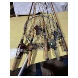 Antique fishing rods & reels, dip net -- GAR