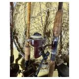 Antique fishing rods & reels, dip net -- GAR