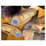 RENDEZVOUS COSTUME ITEMS, VINTAGE SUITCASE AND CONTENTS MOCCASINS, LEATHER BAG, FUR, MISC.........KCHN