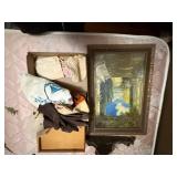 Vintage wood box with hankies, painting, gloves & shelf - NBD